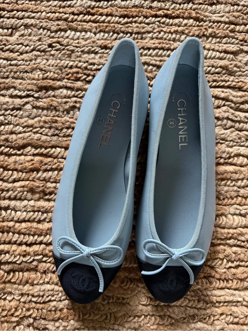 NIB Authentic CHANEL leather Light Blue and Black fabric Cap-Toe Ballet Flats